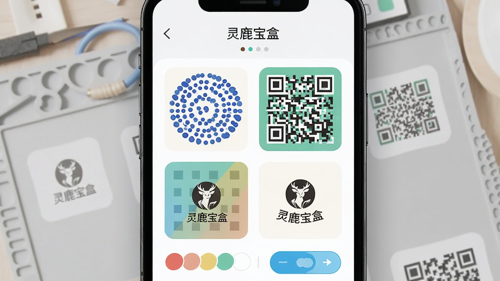 一张展示“灵鹿宝盒”二维码美化界面的预览图,画面中手机屏幕上显示多个不同颜色和样式的二维码模板,有圆形点阵、方形点阵和带Logo的款式,背景是浅灰色工作台,风格现代简约,细节包括色彩选择和样式切换按钮,画质清晰,无多余元素