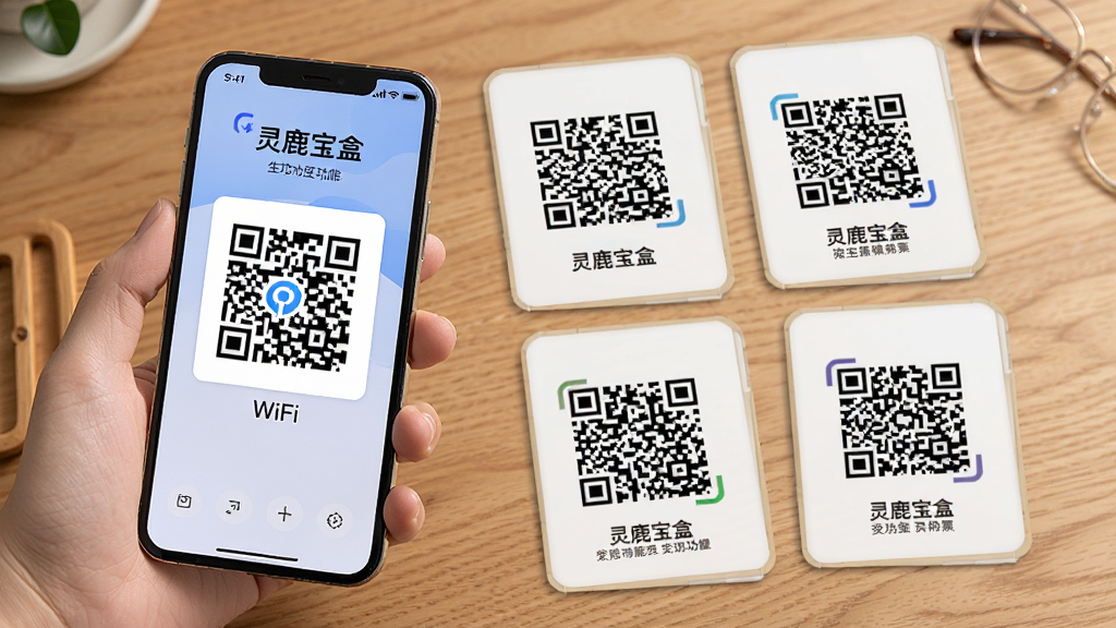 一张展示“灵鹿宝盒”二维码生成功能的预览图,画面中一只手拿着手机,手机屏幕上显示正在生成WiFi二维码,旁边有多个已生成的二维码卡片排列,背景是木质桌面,风格生活化,细节包括二维码图案和文字标签,画质清晰,干净,无多余元素
