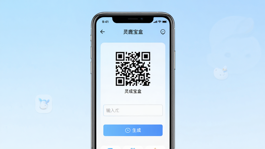 一张展示“灵鹿宝盒”软件主界面的预览图,画面中央是手机屏幕,屏幕内显示二维码生成器界面,有输入框和生成按钮,背景是浅蓝色渐变,布局简洁,风格清新现代,细节包括图标和文字排版清晰,画质干净,无多余元素