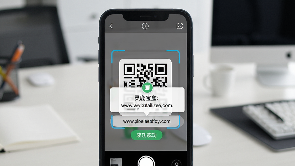一张展示“灵鹿宝盒”二维码识别功能的预览图,画面中手机摄像头正对着一个二维码,屏幕上出现识别成功的提示和解析出的网址链接,背景是办公室桌面,风格商务简洁,细节包括识别框和结果弹窗,画质干净,无多余元素