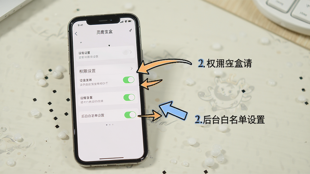 一张展示“灵鹿宝盒”在手机上使用的操作示意图,画面中手机屏幕显示权限设置页面和后台白名单设置,旁边有箭头指示操作步骤,背景是简洁的浅色桌面,风格教程类,细节包括设置选项和开关按钮,画质清晰,无多余元素