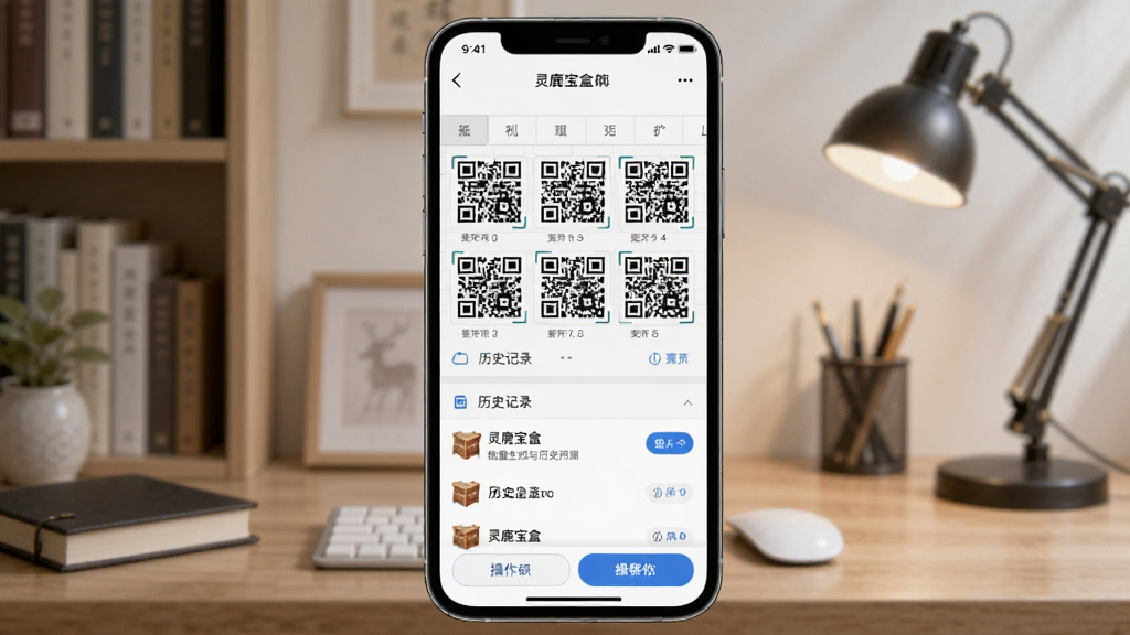 一张展示“灵鹿宝盒”批量生成与历史记录功能的预览图,画面中手机屏幕上显示批量导入表格后生成的多个二维码缩略图,下方有历史记录列表,背景是书房环境,风格整洁有序,细节包括列表项和操作按钮,画质干净,无多余元素