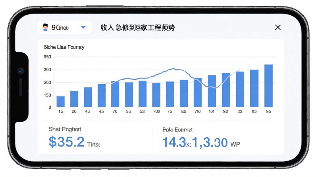 急修到家工程师版收入统计页面,手机屏幕显示柱状图和数字统计,展示每日收入变化趋势,界面简洁清晰,白色背景配蓝色图表,扁平化设计,高清画质,无多余装饰元素。