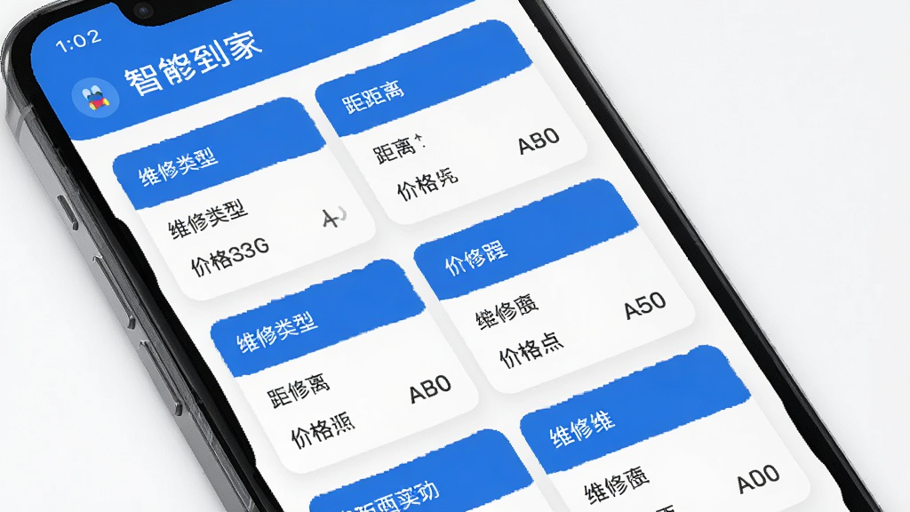 急修到家工程师版智能派单界面,手机屏幕展示订单卡片列表,每张卡片包含维修类型、距离、价格等信息,界面简洁现代,蓝色主色调,白色背景,扁平化设计风格,高清画质,干净无多余元素。