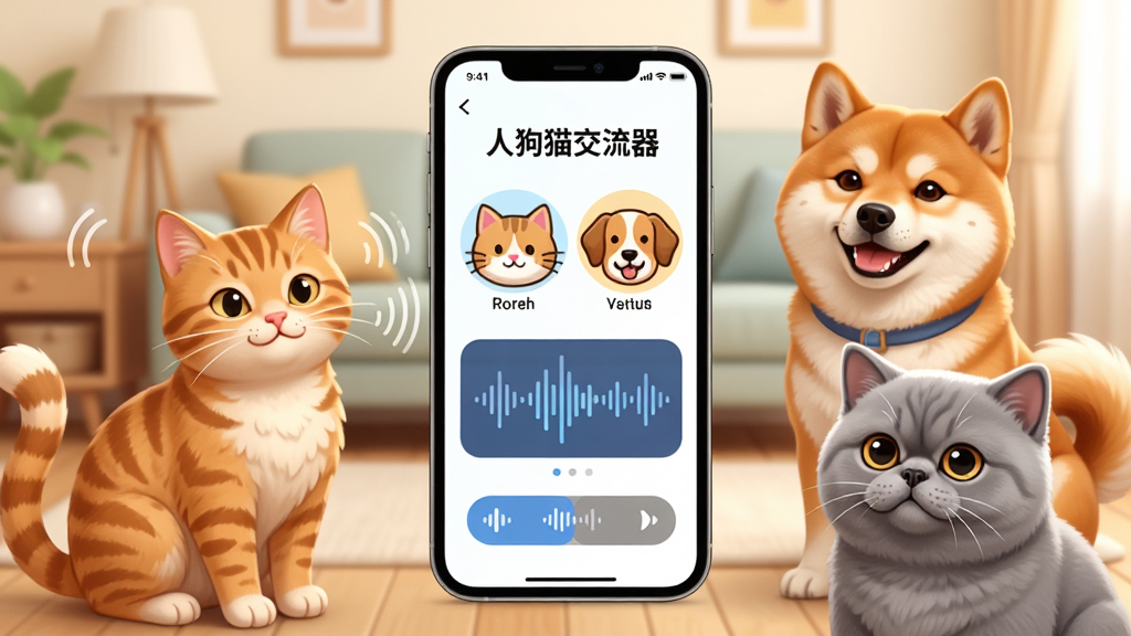 画面中央放置一部智能手机,屏幕显示“人狗猫交流器”应用界面,界面中有猫和狗的卡通头像以及声波识别图形,手机周围环绕着橘猫、柴犬、英短等可爱宠物,背景是温馨的居家客厅,浅色调,布局居中对称,风格清新卡通,细节包括宠物毛发纹理、声波动画线条、应用按钮图标,画质高清,干净,无多余元素