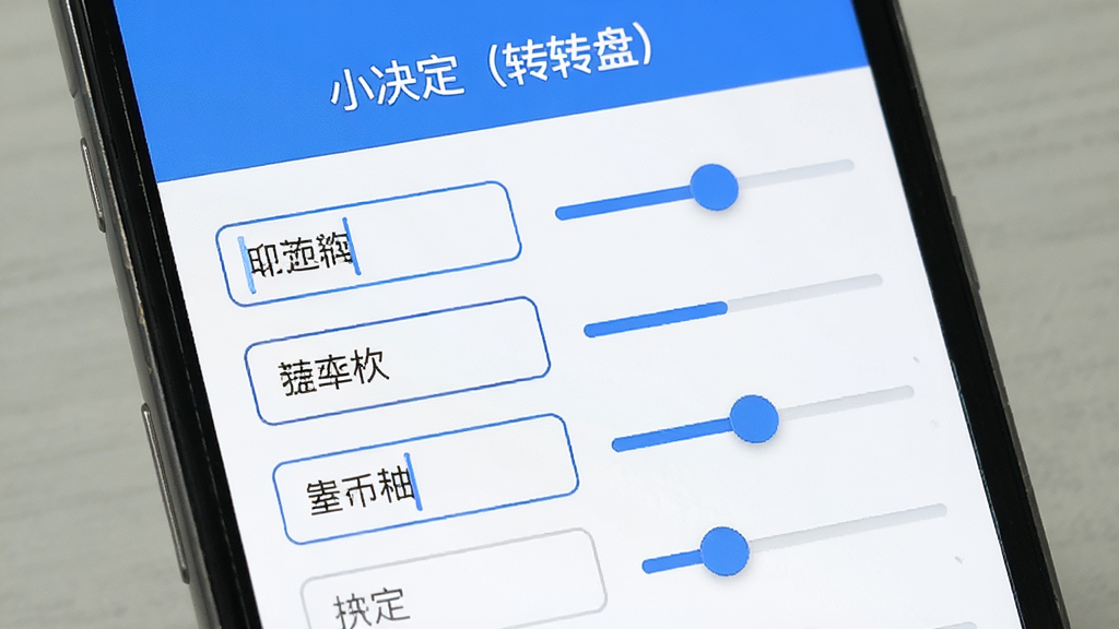 手机屏幕显示转盘编辑界面,界面上有多个文本输入框,每个框内写有不同的选项文字,旁边有滑动条用于调整权重比例,界面风格简洁清爽,配色以蓝白为主,图中文字包含“小决定(转转盘)”字样,画质清晰,无多余装饰元素
