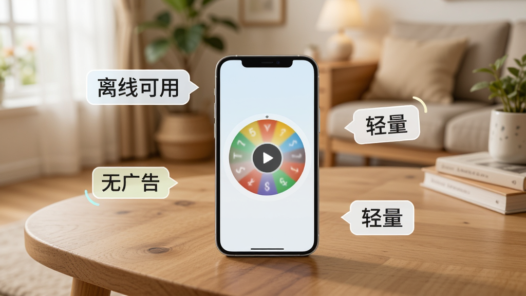 一部手机放置在木质桌面上,屏幕显示转盘界面,手机周围有“离线可用”“无广告”“轻量”等文字标签漂浮,背景是温馨的家居环境,风格生活化,画质清晰自然,干净整洁