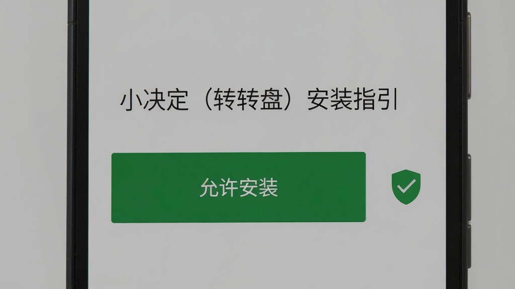 一部安卓手机显示安装界面,屏幕上有“允许安装”按钮,旁边有盾牌图标和勾选标记,背景是简洁的灰色,风格扁平化设计,画质清晰,图中文字为“小决定(转转盘)安装指引”,干净无多余元素