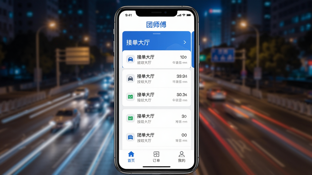 手机屏幕展示团师傅代驾司机端APP主界面,画面中央为醒目的接单大厅列表,顶部有“团师傅”字样标识,底部导航栏包含首页订单我的等图标,背景为城市夜景道路与车流灯光,整体风格简洁现代,蓝白配色为主,画质清晰干净,无多余元素