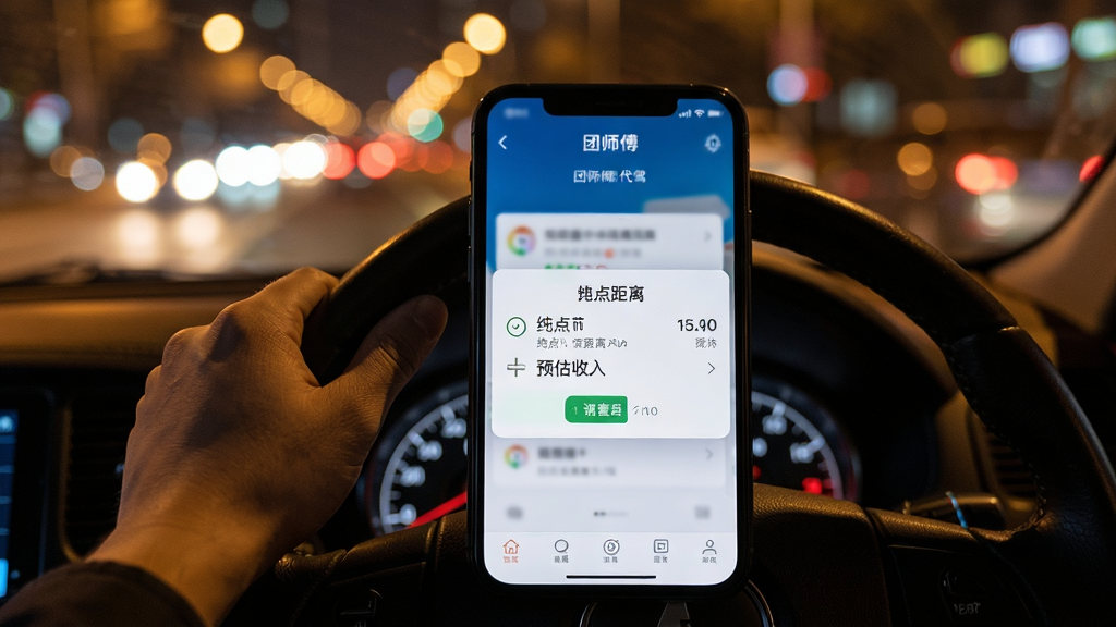 团师傅代驾软件订单推送界面特写,画面中一部手机屏幕上弹出新订单提示框,显示起点终点距离与预估收入,背景为司机手握方向盘的第一视角,城市夜晚道路灯光柔和,风格写实清晰,画质干净无杂乱元素