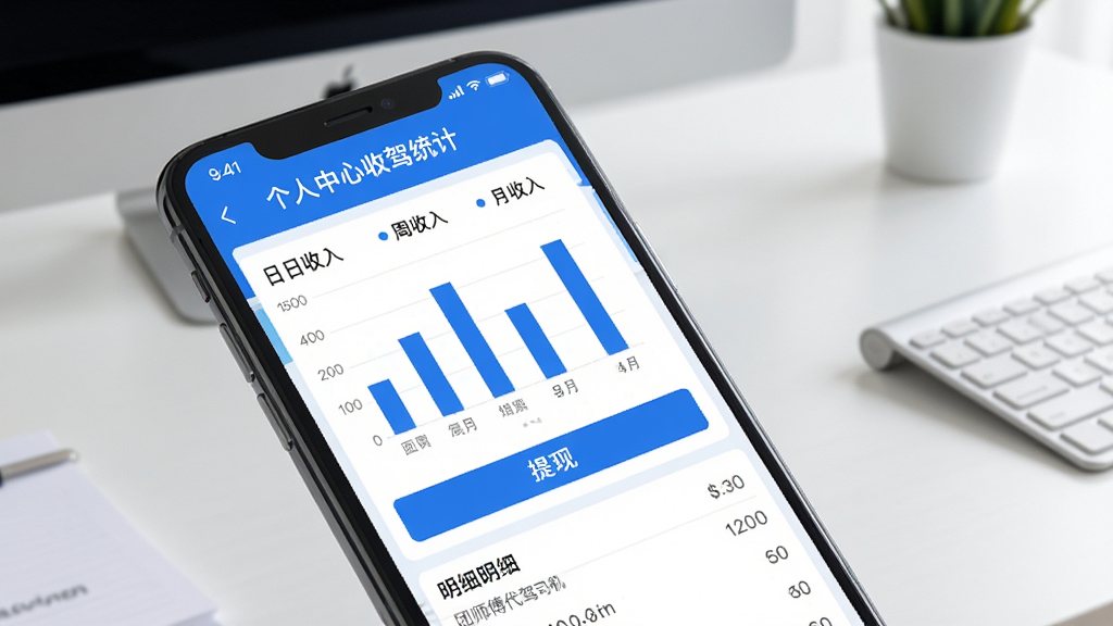团师傅代驾司机端个人中心收入统计页面,手机屏幕显示日收入周收入月收入柱状图表,下方有提现按钮与明细列表,界面配色清爽蓝白相间,背景为简洁办公桌面,风格商务干净,画质高清无多余装饰