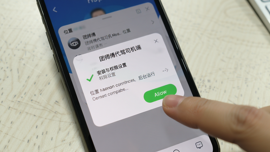 团师傅代驾司机端APP在手机上的安装与权限设置界面,画面展示手机屏幕弹出位置权限与后台运行权限请求对话框,旁边有手指点击允许按钮的动作,背景为简洁浅色桌面,风格写实清晰,画质干净无多余元素