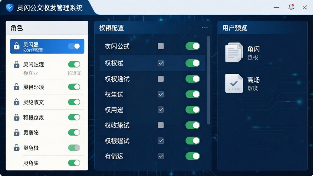 一张展示灵闪公文收发管理系统权限管理功能的图片,主体为软件权限配置界面,布局为左侧角色列表、中间权限勾选面板、右侧用户预览区,排版规整,风格为安全科技风格,细节包括锁形图标、权限开关、角色标签,画质清晰,干净无多余元素,界面中显示“灵闪公文收发管理系统”字样
