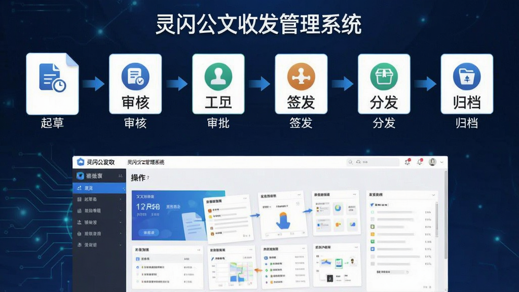 一张展示灵闪公文收发管理系统全流程管理功能的图片,主体为公文流转流程图与软件操作界面结合,布局为上方横向流程图、下方软件截图,排版层次分明,风格为科技商务风格,细节包括起草、审核、审批、签发、分发、归档等节点图标,画质清晰,干净无多余元素,图中标注“灵闪公文收发管理系统”