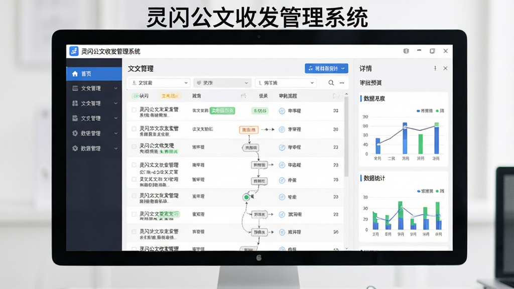 一张展示灵闪公文收发管理系统软件界面的图片,主体为电脑屏幕中显示的公文管理软件主界面,布局为左侧功能导航栏、中间公文列表区、右侧详情预览区,排版整洁有序,风格为现代商务办公风格,细节包括公文状态标签、审批流程图标、数据统计图表,画质清晰,干净无多余元素,屏幕上方有“灵闪公文收发管理系统”字样