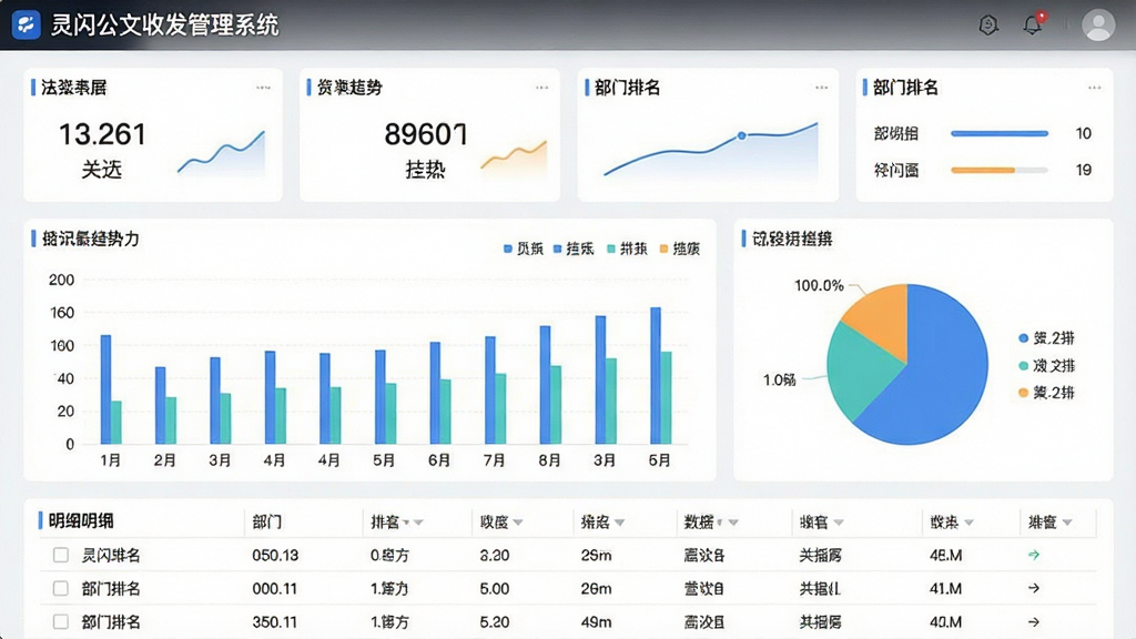 一张展示灵闪公文收发管理系统数据统计功能的图片,主体为软件数据看板界面,布局为上方汇总卡片、中间柱状图与饼图、下方明细表格,排版美观,风格为数据可视化风格,细节包括数字指标、趋势曲线、部门排名,画质清晰,干净无多余元素,看板标题为“灵闪公文收发管理系统”
