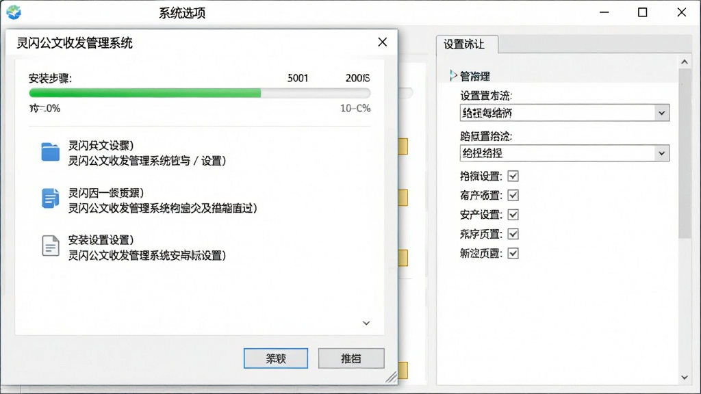 一张展示灵闪公文收发管理系统安装与设置界面的图片,主体为软件安装向导窗口与系统设置面板,布局为左侧安装步骤提示、右侧设置选项列表,排版清晰,风格为简洁安装界面风格,细节包括进度条、路径选择框、复选框、按钮,画质清晰,干净无多余元素,窗口标题为“灵闪公文收发管理系统”
