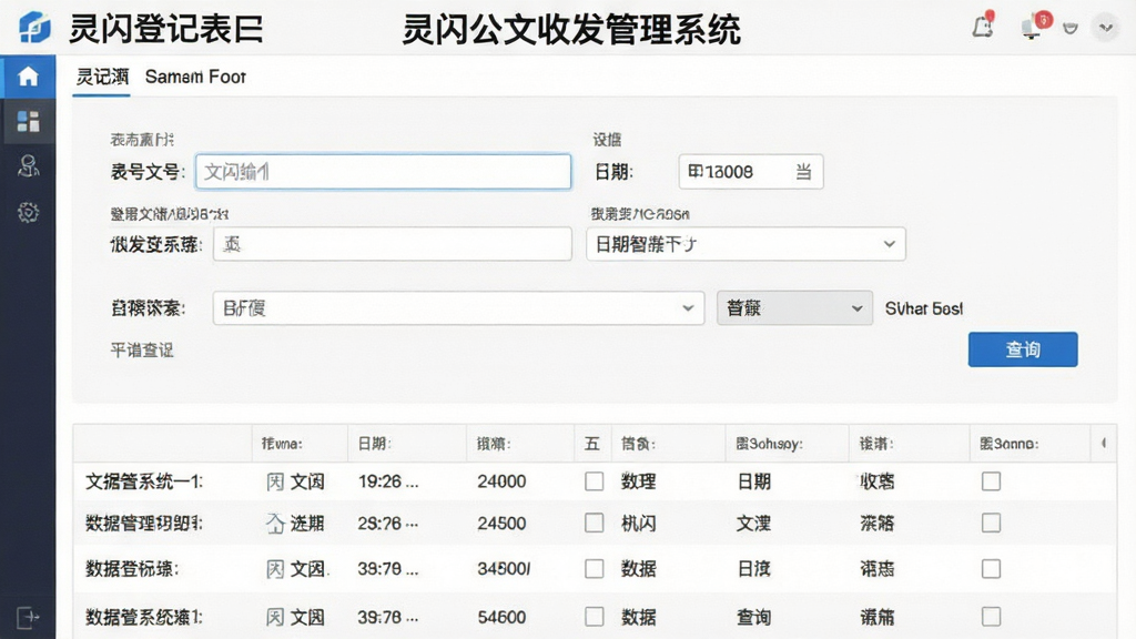 一张展示灵闪公文收发管理系统智能登记功能的图片,主体为软件登记表单界面与数据列表,布局为上方表单填写区、下方数据表格区,排版清晰,风格为简约办公风格,细节包括文号输入框、日期选择器、下拉菜单、查询按钮,画质清晰,干净无多余元素,界面标题为“灵闪公文收发管理系统”