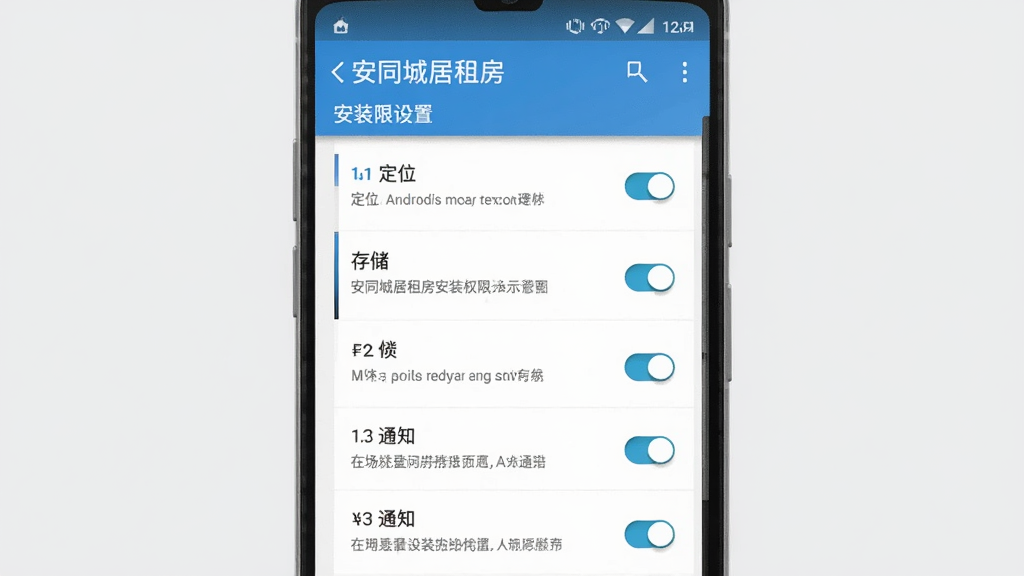 安同城居租房安装权限设置示意图,画面中央为手机屏幕,屏幕显示安卓系统权限管理页面,包含定位、存储、通知等权限开关,背景为浅灰色,主体为权限列表,布局为纵向排列,风格为系统设置界面风格,细节包含开关按钮和权限说明文字,画质清晰,干净,无多余元素