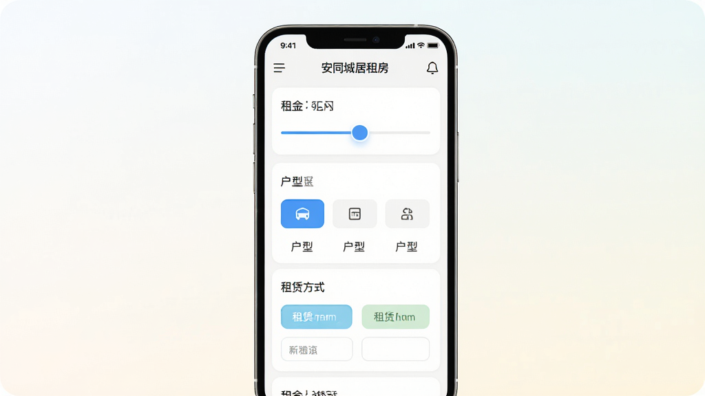安同城居租房应用内房源筛选界面,画面中央展示手机屏幕,屏幕内可见多个筛选条件按钮,包括租金区间滑块、户型选择图标、租赁方式标签,背景为浅色渐变,主体为筛选面板,布局为纵向排列,风格为清爽简约的移动端UI,细节包含选中状态的高亮色块和圆角标签,画质清晰,干净,无多余元素