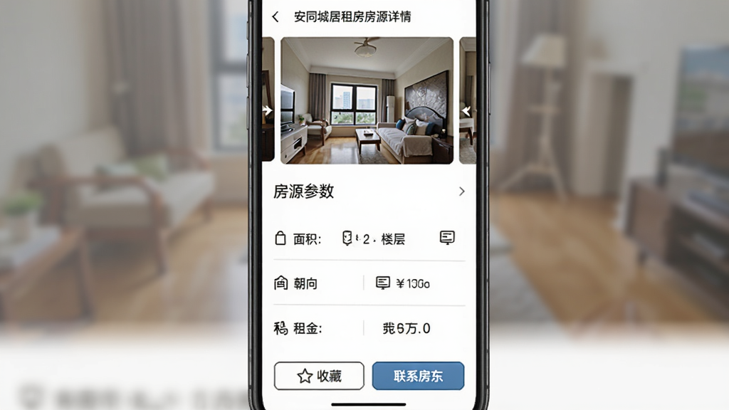 安同城居租房房源详情页面,画面中央为手机屏幕,屏幕上半部分为房屋实拍图轮播,下半部分为房源参数列表,包括面积、楼层、朝向、租金等文字信息,底部有收藏按钮和联系房东按钮,布局为上下滚动结构,风格为干净整洁的移动端详情页设计,细节包含图标和分割线,画质清晰,干净,无多余元素