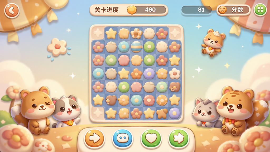 暖心消消乐游戏主界面全景展示,画面中央为色彩柔和的消除棋盘,四周环绕Q萌可爱的动物角色与暖色调装饰元素,顶部显示关卡进度与分数,底部排列功能按钮,整体布局清晰有序,风格温馨治愈卡通,细节包含圆润图标、柔和阴影与渐变背景,画质高清干净,无多余元素
