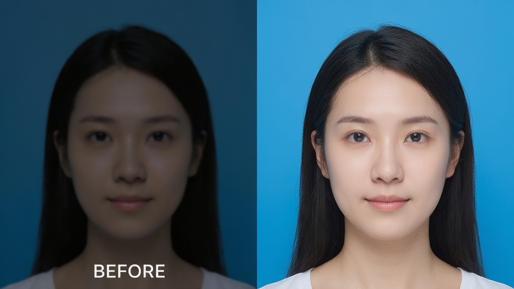 一张展示蓝底证件照画质增强与美颜功能的对比图,主体是同一张人物照片在优化前后的左右对比,布局为左右分栏排版,风格为简洁对比展示风,细节包括左侧偏暗模糊、右侧明亮清晰、肤色自然、蓝色背景均匀,画质高清,干净,无多余元素