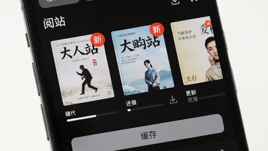 手机屏幕显示“阅站”书架界面,几本书籍封面右上角有红色更新圆点,底部有“缓存”按钮,主体清晰,布局整齐,风格简洁,细节包含进度条和下载图标,画质清晰,干净,无多余元素