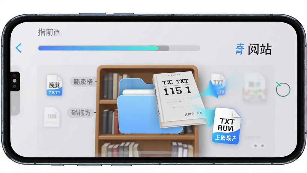 手机屏幕显示“阅站”本地导入界面,一个文件夹图标正在向书架拖入一本TXT电子书,背景有进度条和格式标签,主体突出,布局居中,风格科技感,细节包含文件格式图标和导入动画,画质清晰,干净,无多余元素