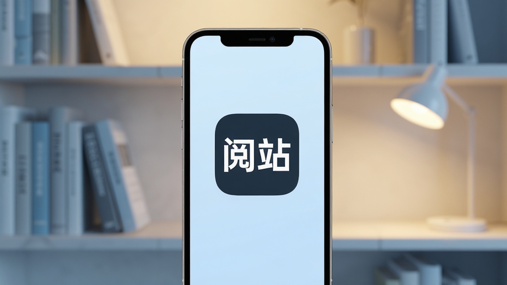 手机屏幕中央显示“阅站”应用图标,背景是简洁的书架和柔和的护眼灯光,主体清晰,布局居中,风格现代简约,细节包含书本元素和淡蓝色调,画质高清,干净,无多余元素