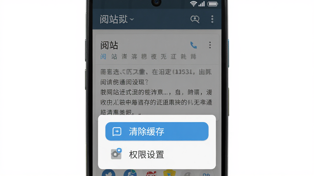 安卓手机显示“阅站”阅读界面,底部弹出清除缓存和权限设置的提示框,主体清晰,布局合理,风格扁平化,细节有按钮和文字说明,画质高清,干净,无多余元素