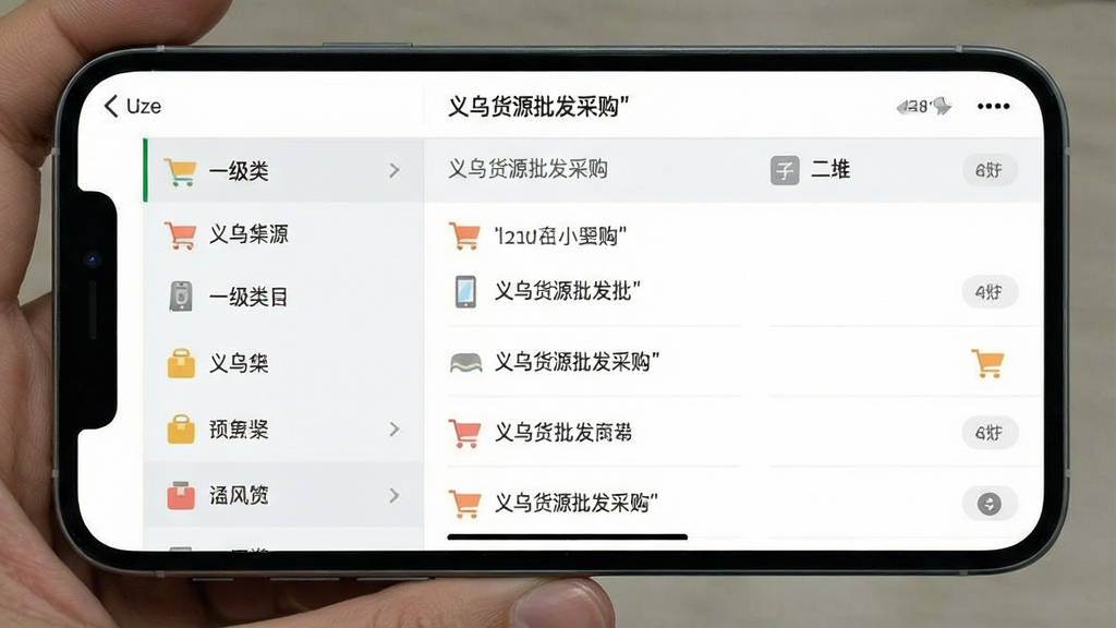 手机应用界面截图风格展示义乌货源批发采购软件的商品分类页面,画面主体为一部横向握持的智能手机,屏幕中显示多层级分类菜单左侧为一级类目右侧为二级子类目,布局采用左右分栏结构,风格为清爽浅色移动端设计,细节包含类目图标商品数量角标返回按钮等,画质清晰干净无多余元素,画面中文字使用引号标注“义乌货源批发采购”