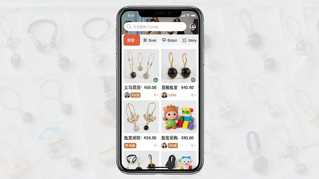 手机屏幕中展示义乌货源批发采购应用首页界面,画面主体是一部竖直放置的智能手机,屏幕内呈现商品分类导航栏与饰品玩具百货等批发商品缩略图列表,布局采用上下结构上方为搜索框与分类入口下方为商品瀑布流,整体排版紧凑信息密度适中,风格为现代扁平化移动端UI设计,细节包含商品价格标签起批量标识供应商头像等元素,画质高清干净无多余元素,画面中文字使用引号标注“义乌货源批发采购”