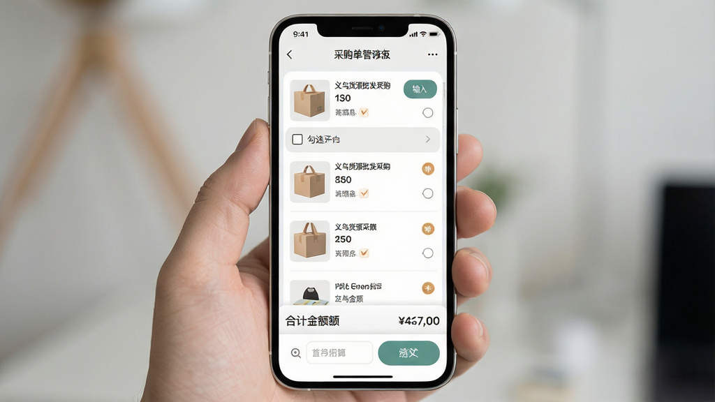 手机屏幕中展示义乌货源批发采购软件的采购单管理界面,画面主体为一部竖直放置的智能手机,屏幕内呈现商品列表勾选框数量调整按钮以及合计金额栏,布局采用列表加底部固定栏结构,风格为柔和圆角移动端设计,细节包含删除图标备注输入框结算按钮等,画质清晰干净无多余元素,画面中文字使用引号标注“义乌货源批发采购”