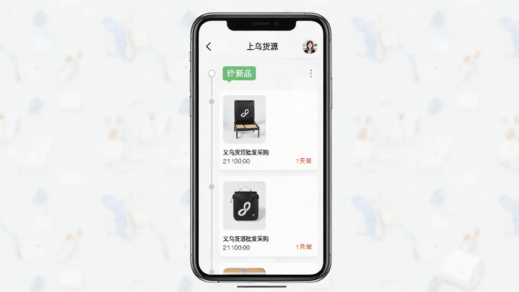 手机界面展示义乌货源批发采购软件的商品上新动态页面,画面主体为一部竖直放置的智能手机,屏幕内呈现时间轴排列的新品卡片包含商品图名称上架时间,布局采用纵向时间线结构,风格为现代轻量移动端设计,细节包含新品标签刷新按钮时间戳等,画质高清干净无多余元素,画面中文字使用引号标注“义乌货源批发采购”