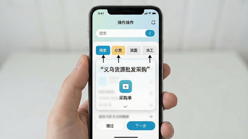 手机屏幕中展示义乌货源批发采购软件的新手引导页面,画面主体为一部竖直放置的智能手机,屏幕内呈现分步骤操作提示包含搜索框高亮分类入口指示采购单图标说明,布局采用浮层引导结构,风格为清新浅色移动端设计,细节包含步骤序号跳过按钮下一步按钮等,画质清晰干净无多余元素,画面中文字使用引号标注“义乌货源批发采购”
