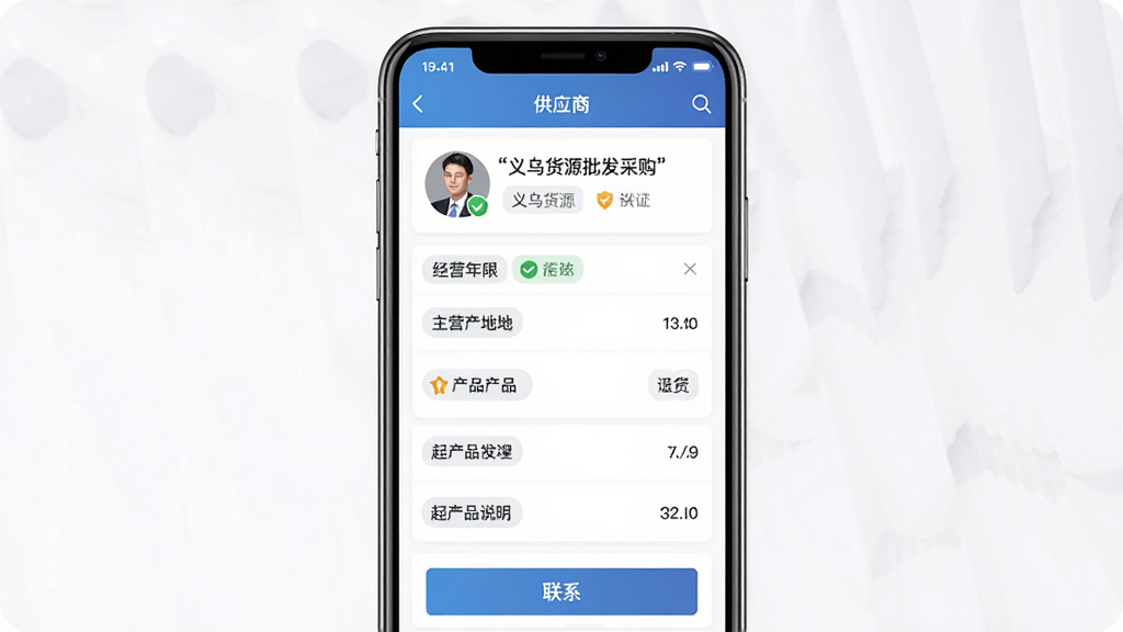 手机界面展示义乌货源批发采购软件的供应商详情页,画面主体为一部竖直放置的智能手机,屏幕内呈现供应商头像经营年限主营产品列表以及联系按钮,布局采用上下滚动卡片式结构,风格为简约商务移动端UI,细节包含认证标识发货地标签起批量说明等,画质高清干净无多余元素,画面中文字使用引号标注“义乌货源批发采购”