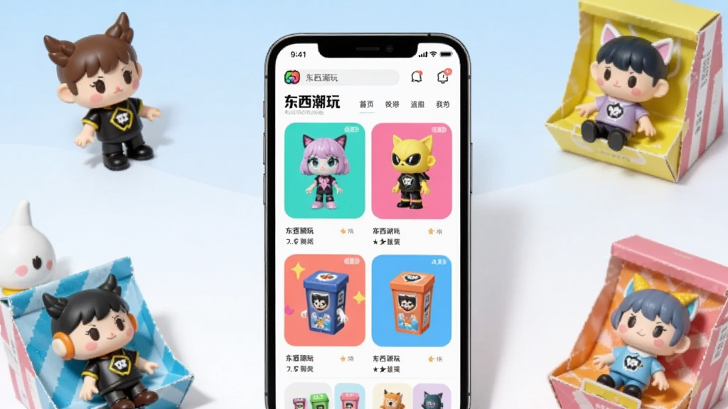 画面中央展示一部智能手机,手机屏幕上显示“东西潮玩”APP的首页界面,界面中有多个潮流玩具和盲盒的展示图,色彩鲜艳活泼。手机周围散落着几个精致的迷你潮玩手办和彩色包装盒,背景是柔和的渐变浅蓝色与白色。整体布局采用居中构图,风格为现代扁平化插画,细节上突出潮玩手办的可爱造型和包装质感。画质清晰,画面干净,无多余元素。