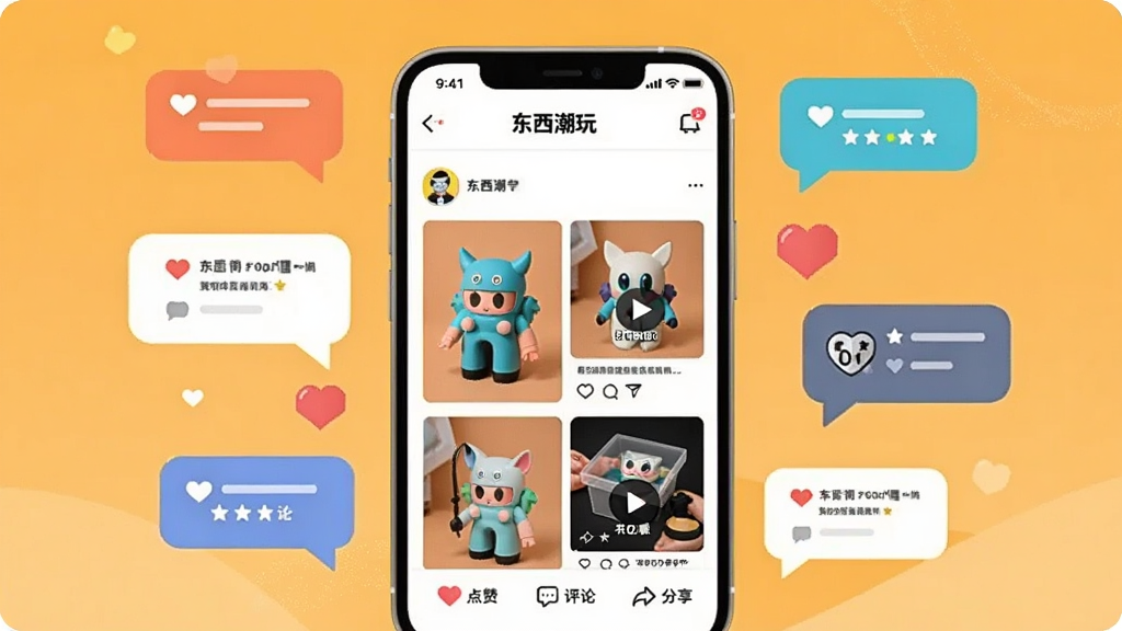画面中央是一个手机屏幕,屏幕上显示“东西潮玩”的社区页面,页面中有多个用户发布的潮玩照片和拆盒视频缩略图,屏幕下方有“点赞”“评论”“分享”的图标。手机周围漂浮着几个对话框和爱心图标,背景是温暖的橙黄色渐变。整体布局采用手机居中、元素环绕的构图,风格为扁平化社交插画,细节上突出社区的热闹氛围和潮玩的多样性。画质清晰,画面干净,无多余元素。