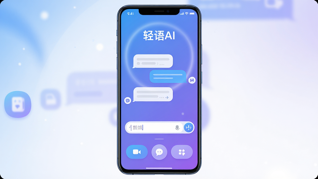 主体为一部竖屏安卓手机,屏幕中显示“轻语AI”对话界面,布局为居中构图,上方为软件名称标题,中间为聊天气泡与输入框,下方为功能按钮;排版简洁清晰,风格为现代科技感扁平插画,细节包括蓝紫渐变背景、柔和光晕、圆角图标;画质高清,干净,无多余元素