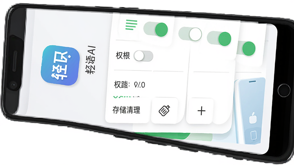 主体为“轻语AI”在安卓手机上的设置与权限管理页面,布局为纵向列表,上方为软件图标与名称,中间为权限开关列表,下方为存储清理按钮;排版清晰,风格为清爽素雅扁平插画,细节包括白色卡片、灰色分割线、绿色开关;画质高清,干净,无多余元素