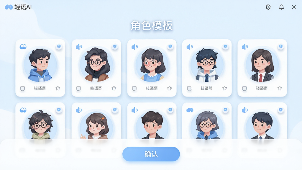 主体为“轻语AI”软件界面中的角色模板选择页,布局为网格卡片式排列,上方标题“角色模板”,中间为多个角色头像卡片,下方为确认按钮;排版整齐,风格为清新浅色UI插画,细节包括柔和阴影、简约图标、浅蓝与白色配色;画质高清,干净,无多余元素