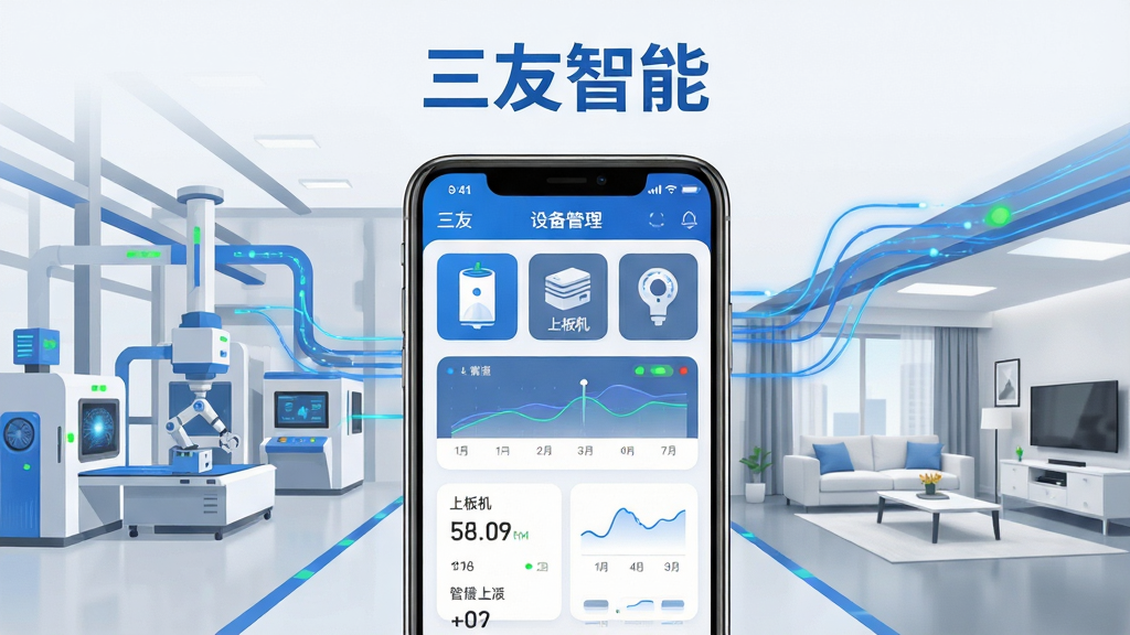 三友智能软件主界面全景展示,画面中央为手机屏幕,屏幕内呈现三友智能app的设备管理仪表盘,包含空气净化器、上板机、传感器等设备图标与实时数据曲线,背景为现代化的智能工厂与智能家居融合场景,布局采用中心对称构图,上方为软件名称“三友智能”文字标识,排版简洁清晰,风格为科技感扁平化设计,细节包含蓝色数据流动线条、设备状态指示灯、圆角卡片式信息模块,画质为高清4K、干净无多余元素,整体色调以蓝白灰为主,突出智能与专业感