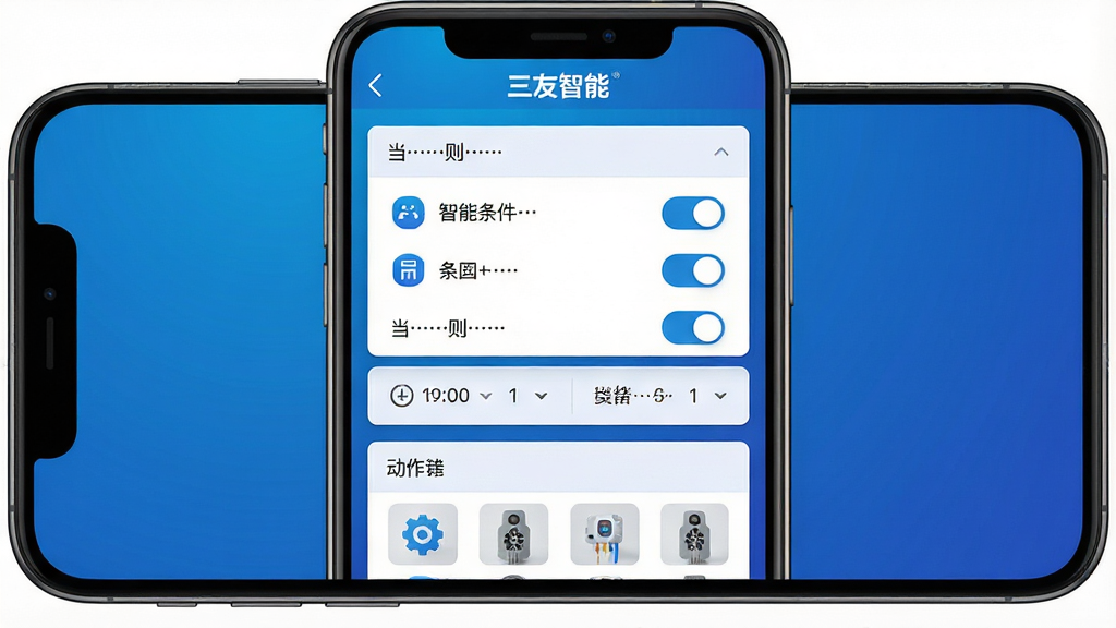 三友智能自动化规则引擎设置界面,画面主体为手机屏幕,屏幕内展示规则编辑页面,包含“当……则……”的条件选择器与动作列表,布局为上下分层的模块化设计,风格为科技蓝渐变背景,细节包含条件图标、开关按钮、时间选择器、设备缩略图,画质为高清2K、干净无多余元素,屏幕顶部有“三友智能”文字标识,整体突出逻辑性与可操作性