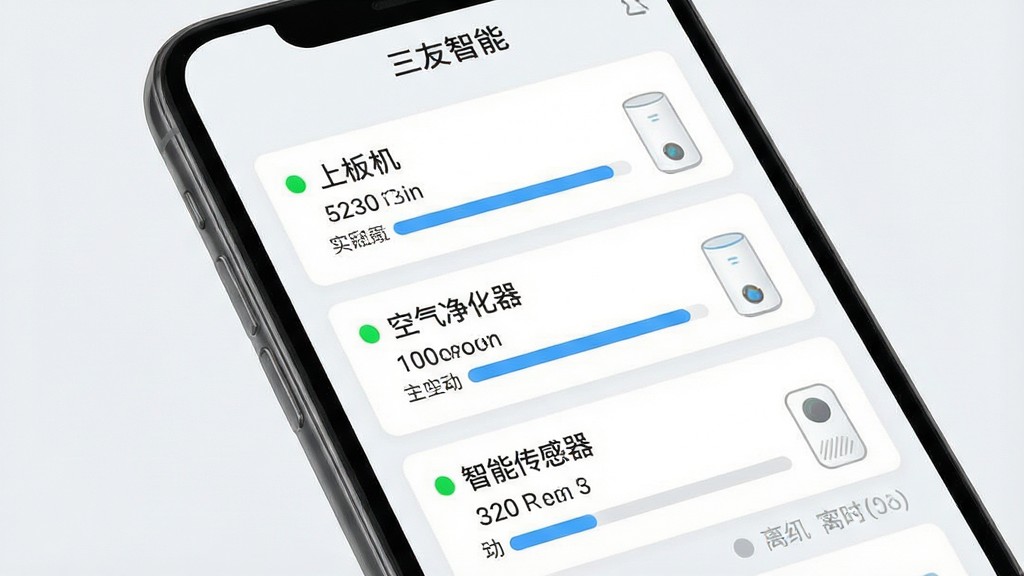 三友智能app设备统一管控界面,画面主体为手机屏幕特写,屏幕内展示多个设备卡片整齐排列,每张卡片标注“上板机”“空气净化器”“智能传感器”等名称与实时数据,布局为纵向列表式排版,风格为清新简约的浅色UI设计,细节包含绿色在线指示灯、蓝色数据条、灰色离线状态标识,画质为高清2K、干净无多余元素,屏幕上方有“三友智能”文字标题,整体呈现专业且易读的视觉效果