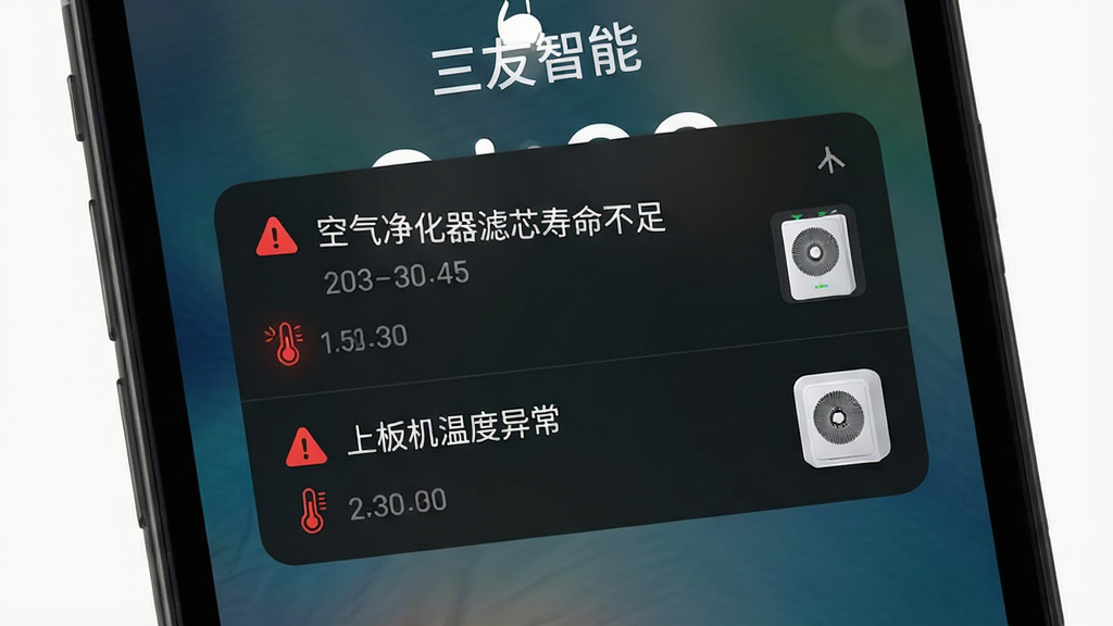 三友智能实时告警推送界面,画面主体为手机屏幕锁屏状态,屏幕中央弹出告警通知卡片,卡片内显示“空气净化器滤芯寿命不足”与“上板机温度异常”两条告警信息,布局为顶部下拉通知样式,风格为深色模式UI设计,细节包含红色告警图标、时间戳、设备缩略图,画质为高清2K、干净无多余元素,屏幕上方有“三友智能”文字标识,整体突出警示感与及时性