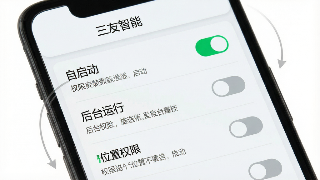 三友智能安卓版安装设置引导界面,画面主体为手机屏幕展示权限设置页面,屏幕内包含“自启动”“后台运行”“位置权限”等开关选项,布局为纵向设置列表排版,风格为浅色极简UI设计,细节包含绿色开启状态开关、灰色关闭状态开关、权限说明文字,画质为高清2K、干净无多余元素,屏幕顶部有“三友智能”文字标识,整体突出操作指引感