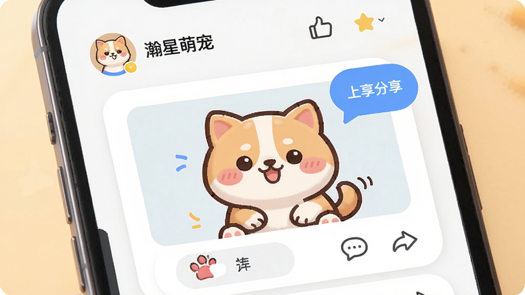 һ���罻�������棬����չʾ�û����ڽ�һֻ�ɰ��Ŀ�ͨ�ȳ���Ƭ��������������Ļ���е��޺�����ͼ�꣬���ֲ��ÿ�Ƭʽ���У��Ű����������Ϊ�ִ���Լ�Ĳ廭�磬ϸ�ڰ����罻��ť������ͷ��Ͷ�̬���ݣ����ʸ��壬����ɾ����޶���Ԫ�أ�ͼƬ�������֡�����ȳ衱