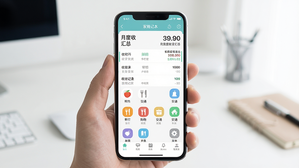 一张展示家用记账本软件主界面的手机截图,画面中央是手机屏幕,屏幕内显示家用记账本应用界面,包含收支记录列表、月度收支汇总数字、分类图标如餐饮购物交通等,背景为简洁的室内桌面环境,整体风格清新明亮,细节清晰,文字内容为中文,画质干净无多余元素