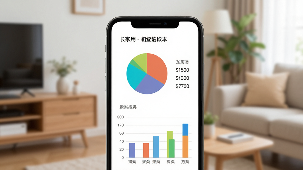 一张家用记账本软件统计图表页面的展示图,画面主体为手机屏幕,屏幕内显示彩色饼图和柱状图,图表旁边有分类标签和金额数字,背景为柔和的家居环境,风格简洁现代,细节清晰,文字为中文,画质干净无多余元素